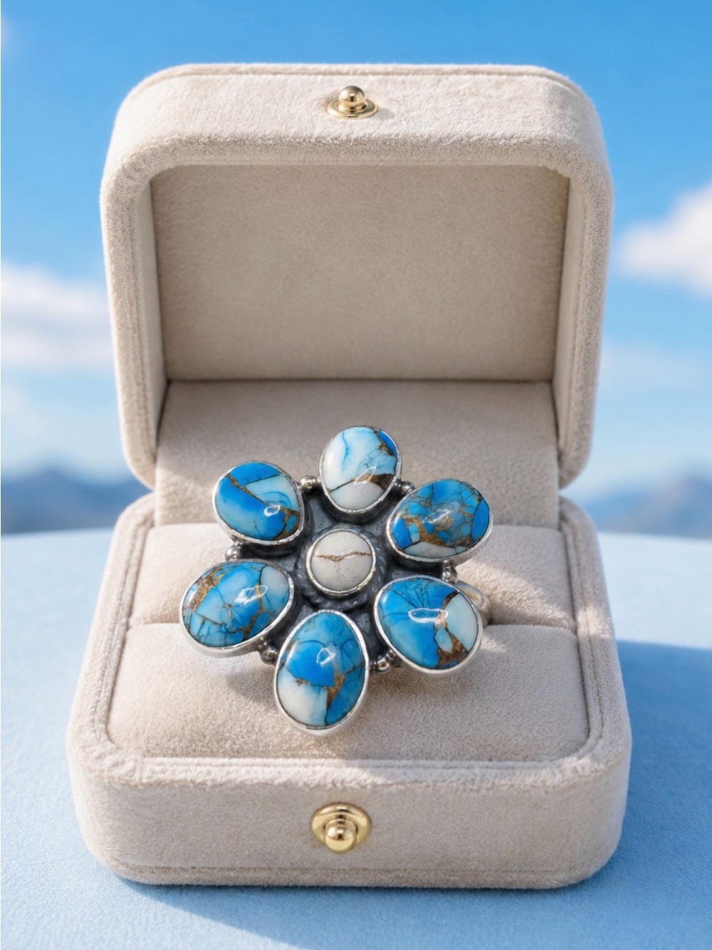Ring Ice Blue Dahlia Turquoise Copper Infused 925 Sterling Silver Flower Setting